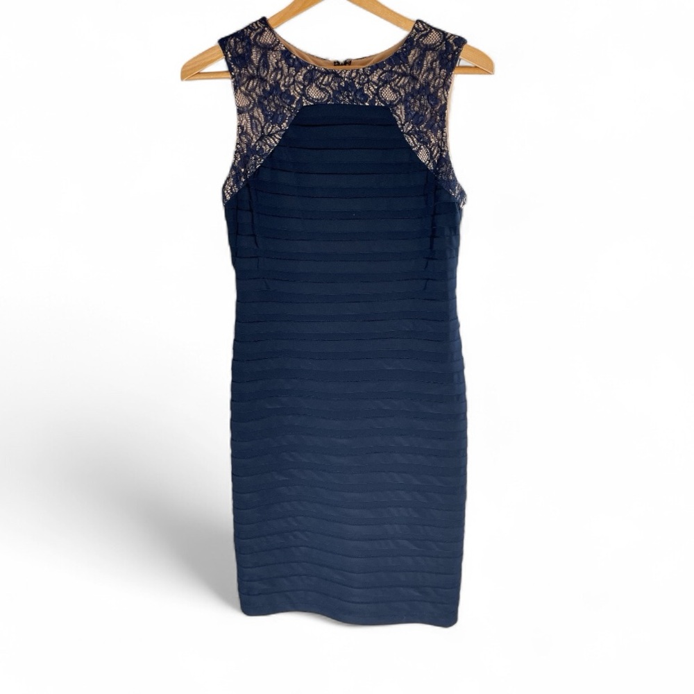 V5- Small Size 4 Adrianna Papell Navy and Gold Lace Mini Dress